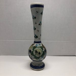 Vtg Tonala Mexico Folk Art 12” Gray Vase with Blue Floral Signed